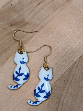 Gold White & Blue Cat Earrings - Cute Cat Silhouette Dangle